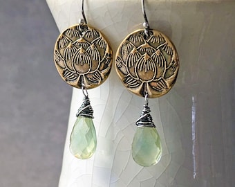 Bronze Lotus Earrings with Prehnite: Handmade Botanical Jewelry, Nature Inspired Green Gemstone Dangles