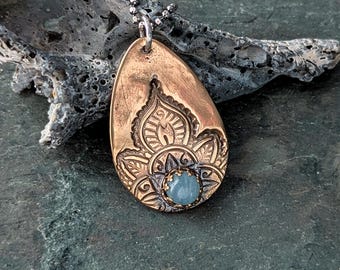 Handmade Bronze Aquamarine Pendant | Old World Artisan Necklace, Floral Design