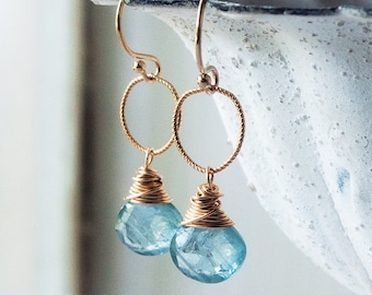 Aqua Kyanite Earrings, Gemstone Drops on Textural Gold Circles, Rare Aqua Blue Kyanite Briolette Earrings, Elegant Circle Gemstone Dangles