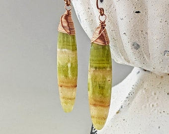 Green Calcite & Rose Gold Earrings, Long Gemstone Earrings, Natural Gemstone Dagger Earrings, Green Gemstone, Long Dangle Statement Earrings