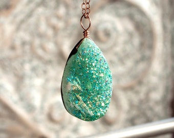 Iridescent Sea Green Druzy Necklace, Rose Gold Filled & Raw Druzy Agate Stone, Statement Druzy Pendant, Mermaid Necklace, Gift for Her