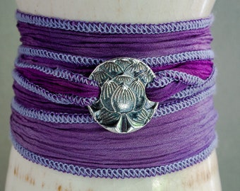 Silver Lotus Wrap Bracelet, Silk Ribbon Wrap Bracelet, Silver Precious Metal Clay, Personalized Bracelet, Yoga Jewelry, Resilience Talisman