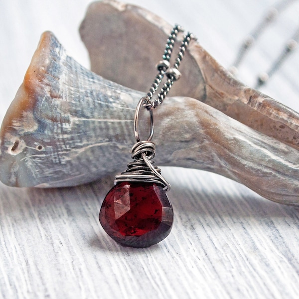 Garnet Teardrop Pendant, Sterling Silver Charm, Dark Red Garnet Dangle for Chain, January Birthstone Jewelry, Wire Wrapped Gemstone Charm