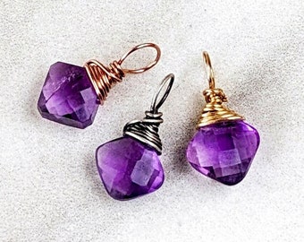Petite Amethyst Pendant, Unique Square Cut Amethyst, Wire Wrapped Gemstone Charm for Chain, February Birthstone Gifts for Her, Add a Dangle