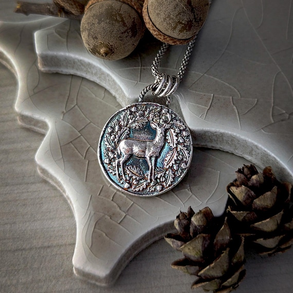 Sterling Silver Wax Seal Woodland Stag Pendant: Artisan Handcrafted Deer Talisman Necklace