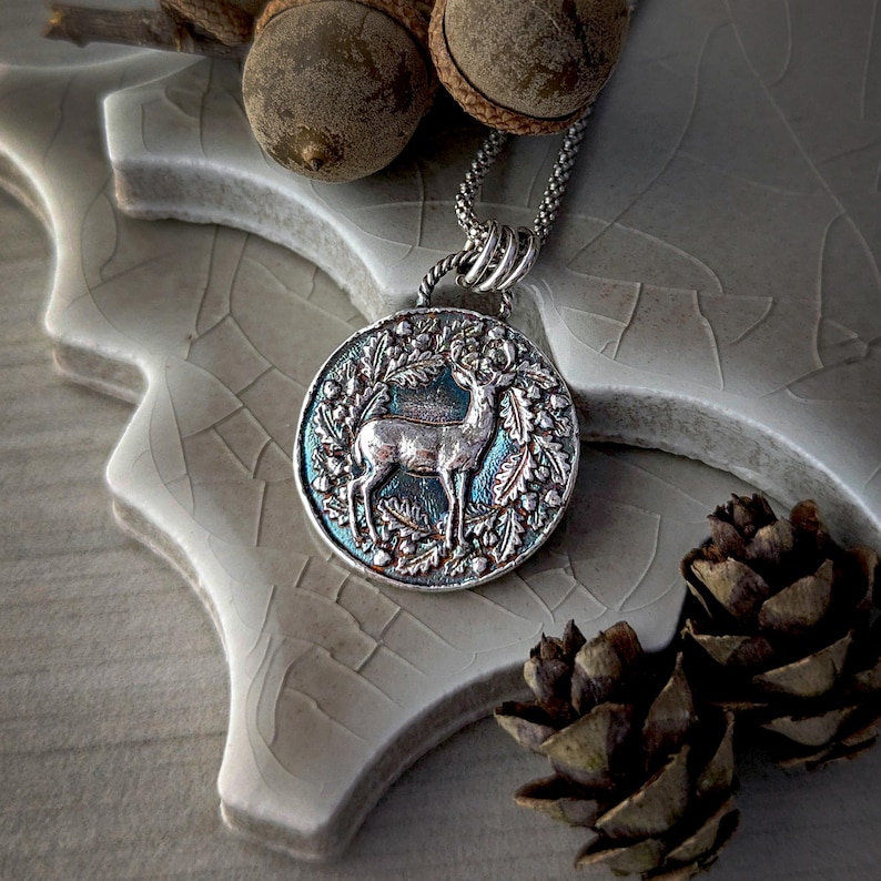 Sterling Silver Wax Seal Woodland Stag Pendant: Artisan Handcrafted Deer Talisman Necklace image 1
