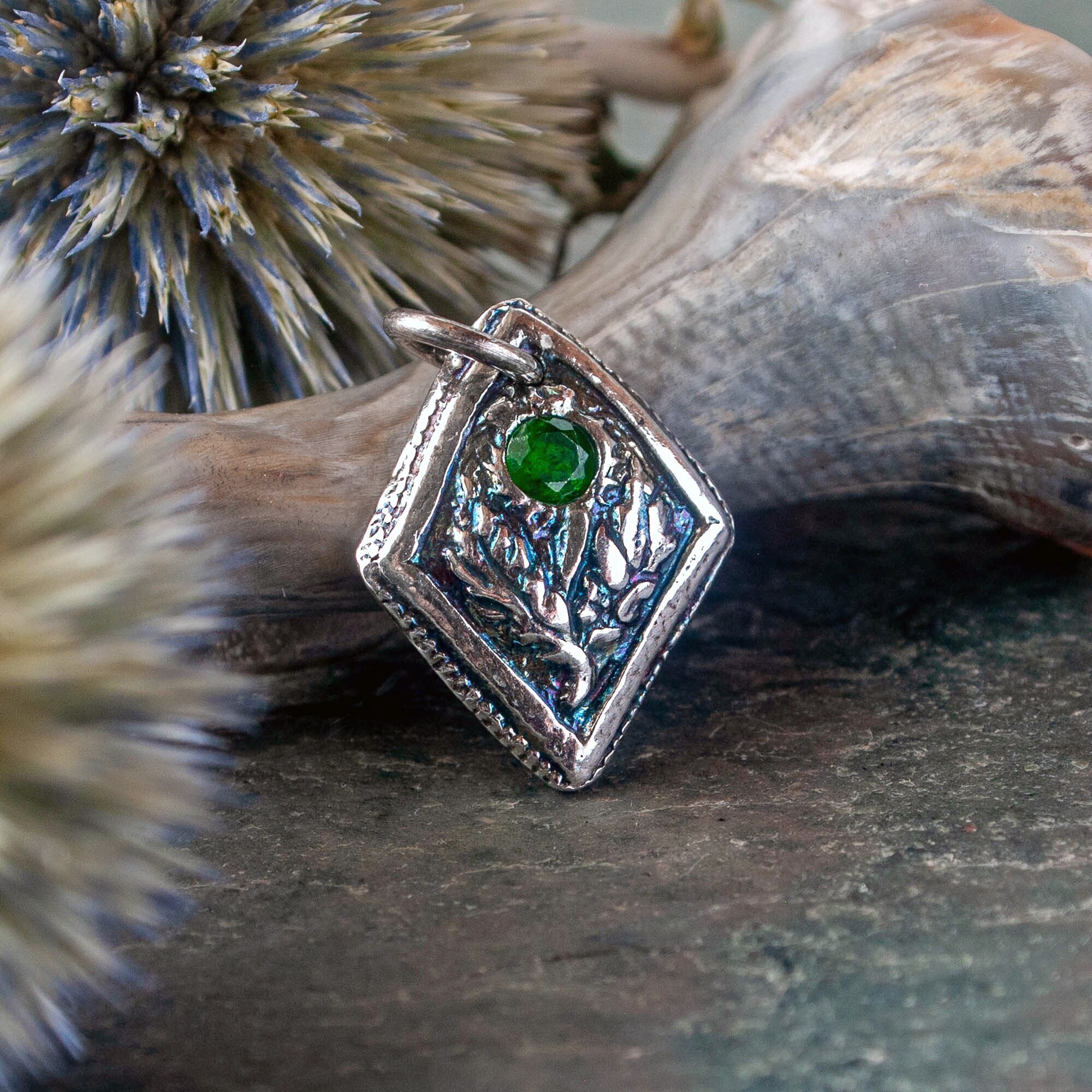 Fine Silver Scotland Thistle Necklace, Chrome Diopside Necklace for Women, Scottish Gift for Her, Outlander Gifts, Symbol of Love & Devotion