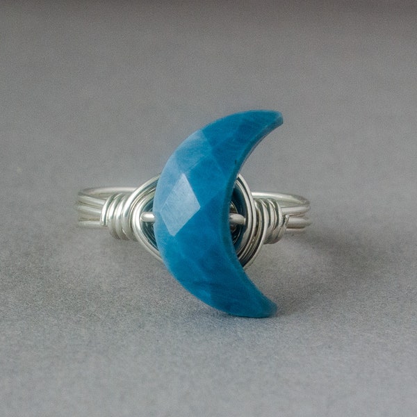 Blue Opal Ring, Owyhee Blue Opal Moon Ring for Women, Throat Chakra Talisman, Stone of Empowerment, Choice of Metal, Healing Crystal Jewelry