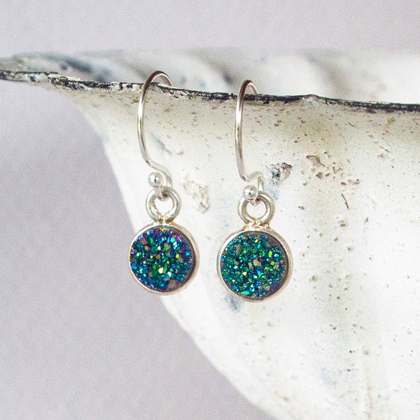 Sparkly Blue Druzy Earrings, Dainty Sterling Silver and Druzy Crystal Drop Earrings, Iridescent Peacock Blue Druzy, Minimalist Druzy Dangles