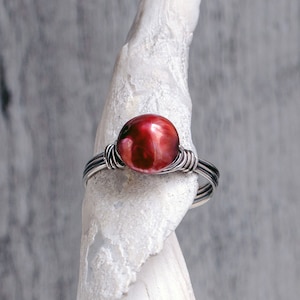 Red coin pearl ring, freshwater pearl, June birthstone, custom wire wrapped ring in silver, yellow, or rose gold filled wire, Sizes 4 to 1 0
