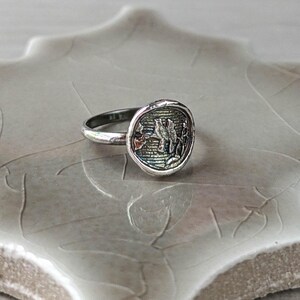 May include: A silver ring with a round, textured top featuring a detailed design of two birds perched on a branch. The ring is on a light gray, textured surface.