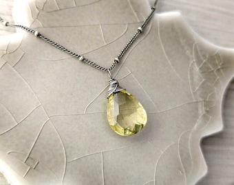 Lemon Quartz Teardrop Charm Pendant: Sterling Silver Light Yellow Crystal Necklace, Minimalist Jewelry
