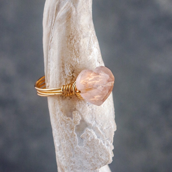 Rose Quartz Heart Ring, Stone of Love & Compassion, Heart Shaped Crystal Ring, Handmade in Silver, Yellow or Rose Gold, Custom Wire Wrapped