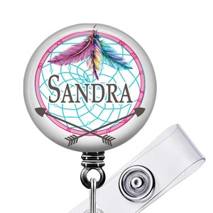 Personalized Dreamcatcher and Feather Badge Reel - Retractable Lanyard ID Holder with Name, Monogram, Occupation - Extends to 34 Inches 229