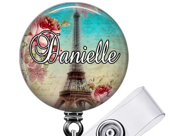 Paris Eiffel Tower Badge Reel - Floral Lanyard ID Holder Personalized Name, Monogram, Occupation Title - Student Nurse Graduation Gift 059