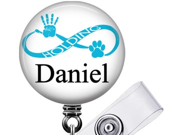 Retractable Badge Reel - Personalized Hands Holding Paws Yin & Yang Vet Lanyard ID Holder in 6 Colors with Name, Monogram, Occupation (A061)