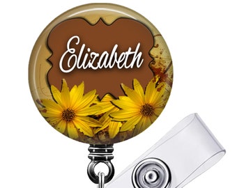 Sunflower Badge Reel with Name, Personalized Monogram Id Holder, Nurse Graduation Gift, Floral Identification Tag, Retractable Lanyard 086