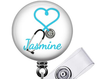 Personalized Heart Stethoscope Badge Reel (6 Colors) Retractable Lanyard ID Holder with Name, Monogram, Occupation - Extends to 34 Inch 053