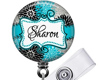 Personalized Floral Doodle Frame Badge Reel (4 Color) Retractable Lanyard ID Holder with Name, Monogram, Occupation - Extends to 34 Inch 007