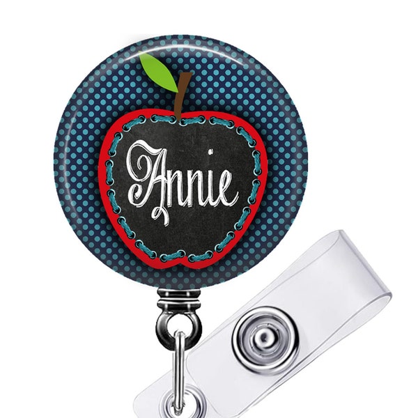 Teacher Retractable Id Badge Holder - Personalized Chalkboard Apple on Blue Polka Dots Reel with Name, Monogram, Occupation 343