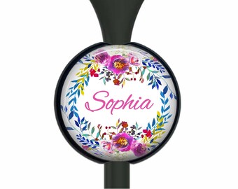 Stethoscope ID Name Tag, Personalized Pink Blue Flowers, Adjustable 2-Piece, Custom Settings, Nurse Badge 520