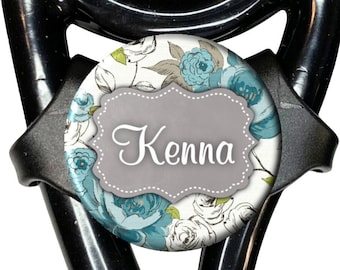 Personalized Teal and Gray Floral Stethoscope tag - Adjustable Yoke or Tube Cardiology Steth ID with Name, Monogram, Occupation 109