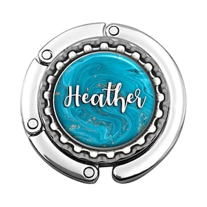 Percha para bolso personalizada de mármol turquesa y dorado: plegable y portátil para escritorios y mesas (635)