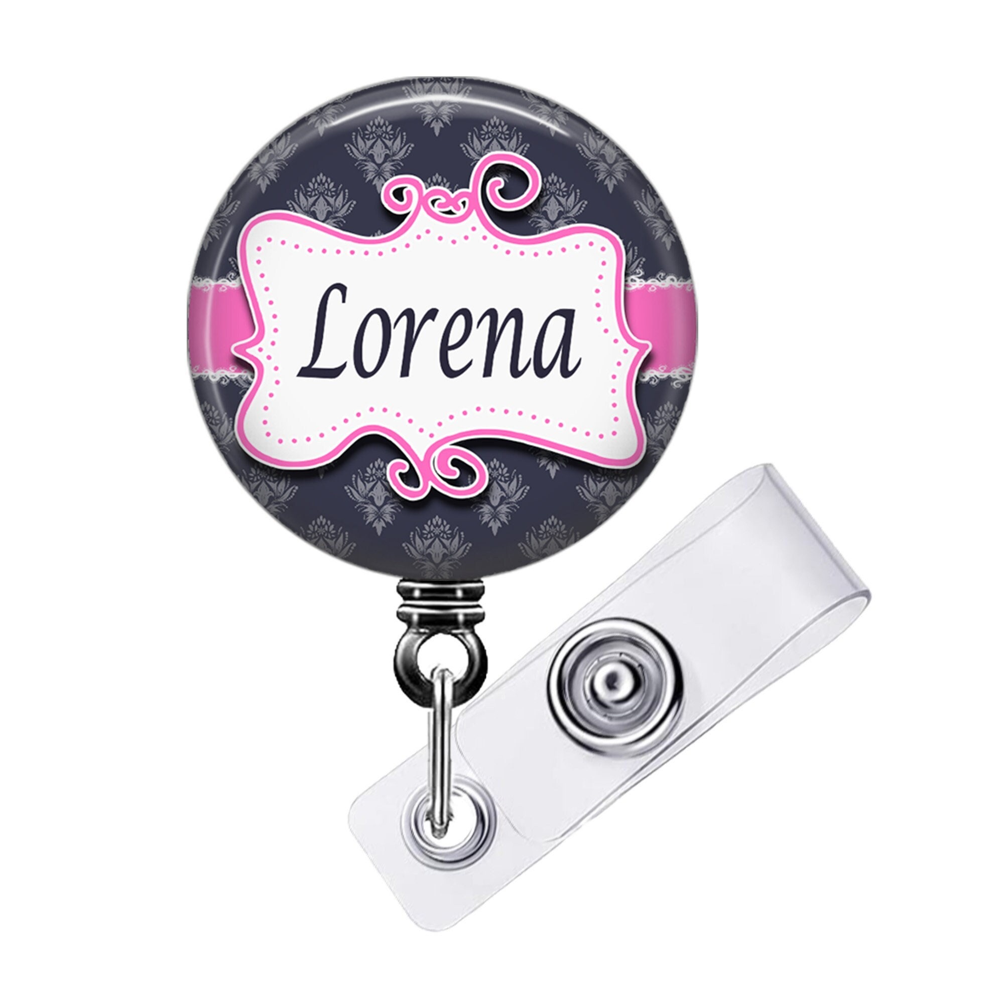 Gray Damask Lanyard Badge Reel Personalized Doodle Frame Retractable ID  Holder in 4 Colors With Name, Monogram, Occupation Titlea043 