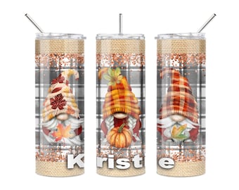 Plaid Autumn Gnomes Skinny Tumbler – Personalized 20oz Coffee Cup