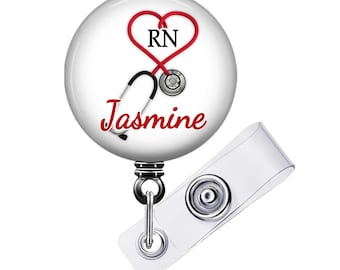 Personalized Stethoscope Heart Badge Reel: Retractable ID Holder (Color Choices Available)