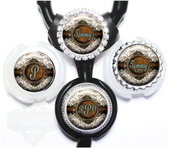 Yoke Stethoscope tag Personalized Chocolate Damask Bronze Etsy