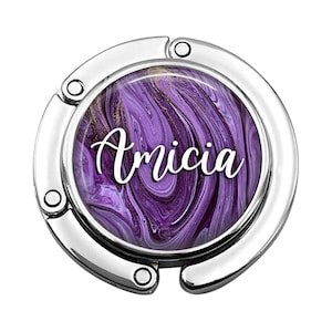Eleganter personalisierter lila Achat-Marmor faltbarer Geldbörsen-Haken - Kundenspezifischer Taschen-Aufhänger für Tisch oder Schreibtisch - Monogramm-Hochzeits-Bevorzugungsgeschenk 633