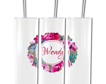 Pink Floral 20 oz Skinny Tumbler - Personalized Stainless Steel Drink Cup with Lid and Straw - Custom Gift