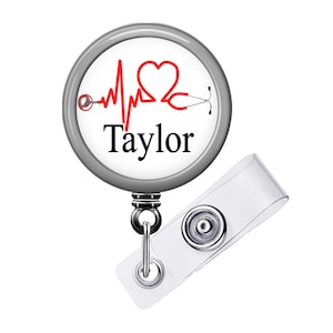 Nurse Badge Reel, Personalized EKG Heart Stethoscope (Multiple Colors)