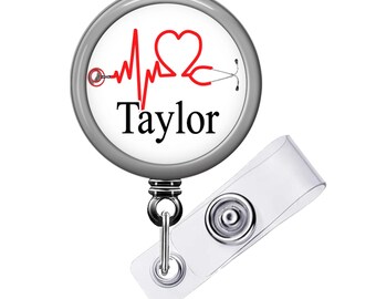 Nurse Badge Reel, Personalized EKG Heart Stethoscope (Multiple Colors)