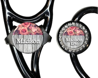 Personalized Farmhouse Floral Stethoscope tag - Adjustable Yoke or Tube Steth ID with Name, Monogram Occupation - Standard or Cardiology 391