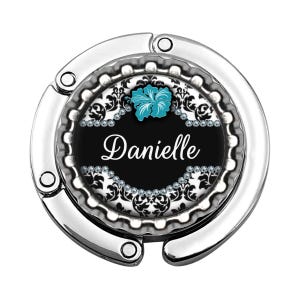Foldable Flower, Damask Hanger, Custom Wedding, Portable Purse Hook, Secure Hold, Durable Resin Accessory for Bridesmaids