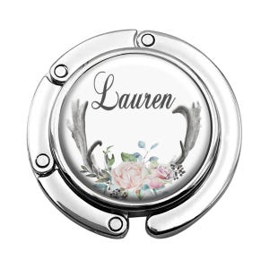 Personalisierte Rosa Blume Geweih Faltbare Geldbörse Haken - Benutzerdefinierte Monogramm Womens Taschenbügel für Tisch oder Schreibtisch - Hochzeitsgeschenk 229