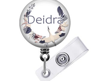 Personalized Crane Badge Reel, Ferns Design (Retractable, Custom Name)