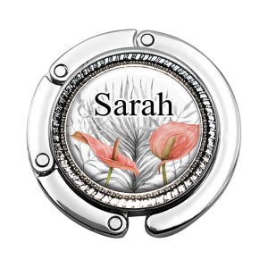 Custom Pink Floral, Foldable Purse Hook, Table Gift Pink, Stylish Handbag Hanger, Durable Resin, Secure Hold with Bling Cap Design