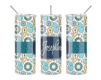 Teal Paisley 20 oz Skinny Tumbler - Personalized Stainless Steel Drink Cup with Lid and Straw - Custom Gift