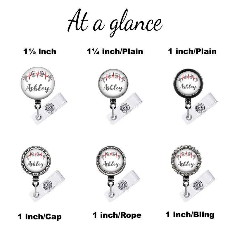 At a glance comparison of all design sizes and settings.  Design size choice 1½ inch  Design size choice 1¼ inch Plain Design size choice 1 inch Plain Design size choice 1 inch Cap Design size choice 1 inch Rope Design size choice 1 inch Bling