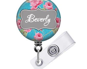 Custom Nurse Badge Reel, Turquoise Floral Wood Grain (Retractable, Swivel Clip)