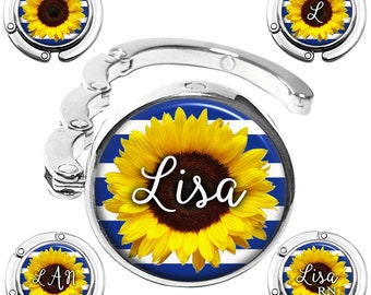 Navy Sunflower Foldable Purse Hook - Personalized Name or Monogram - Table or Desk Bag Hanger - Wedding Favor Gift 519