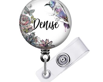 Porta credencial retráctil personalizado: Pájaro y flores