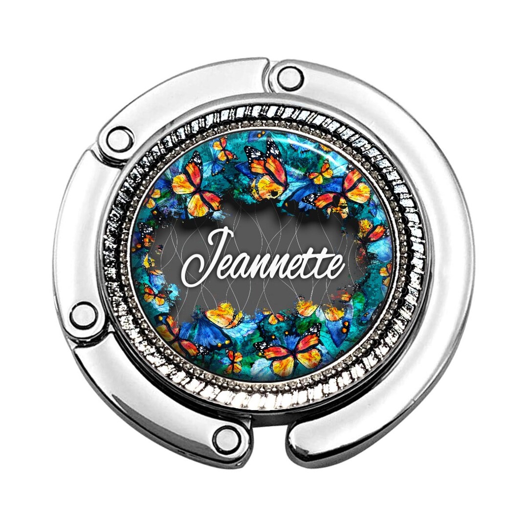Foldable Blue Butterfly Purse Hook With Personalized Name Desk or Table