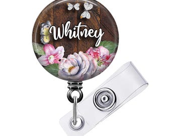 Carrete de credencial de enfermera: diseño floral de acuarela - Personalizado, retráctil