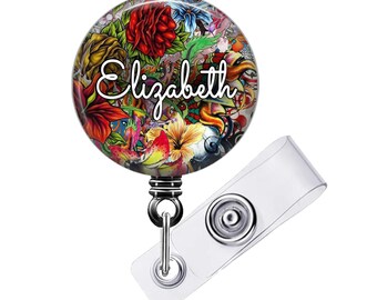 Porta credencial floral personalizado, porta credencial retráctil (nombre personalizado)
