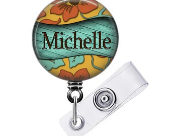 Porta credencial floral personalizado: porta credencial retro de madera color verde azulado