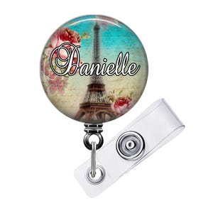 Paris Eiffel Tower Badge Reel: Floral Personalized ID Holder
